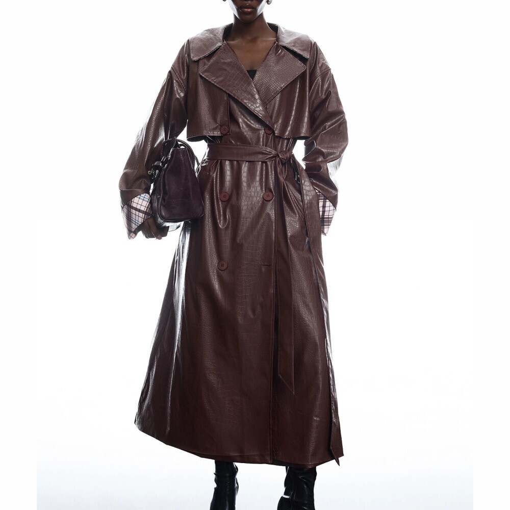 Brown Croc Embossed Faux Leather Belted Long Trench Coat